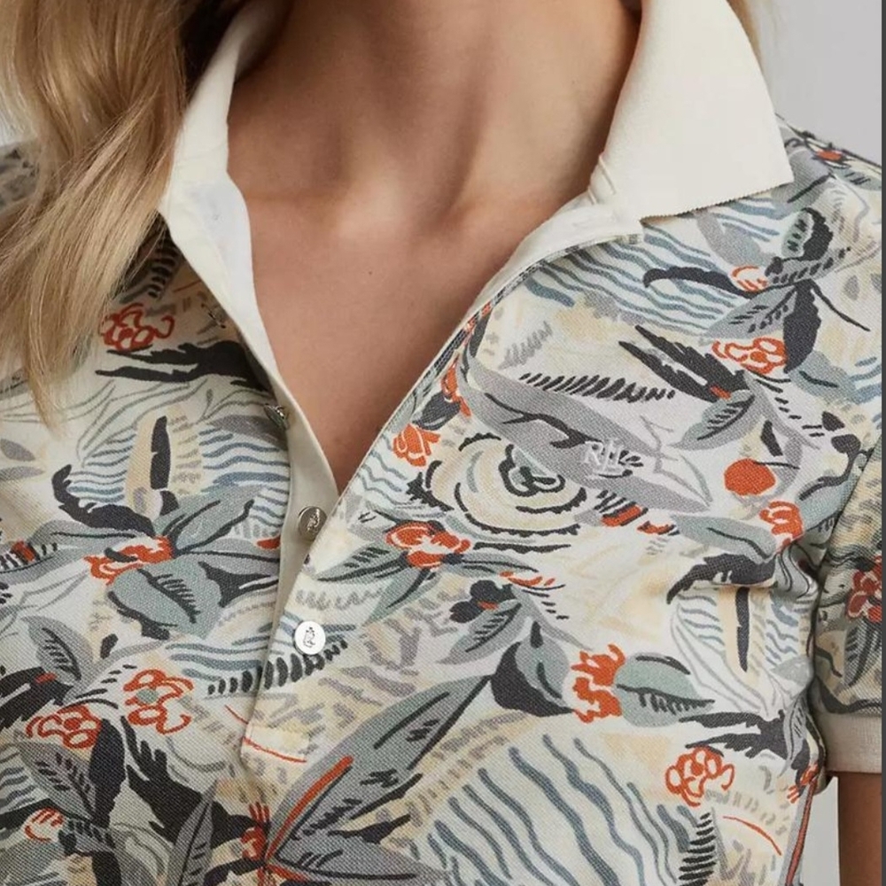 Lauren Ralph Lauren Women's Print Stretch Piqué Polo Shirt White Multi NWT #A1 - Picture 3 of 14